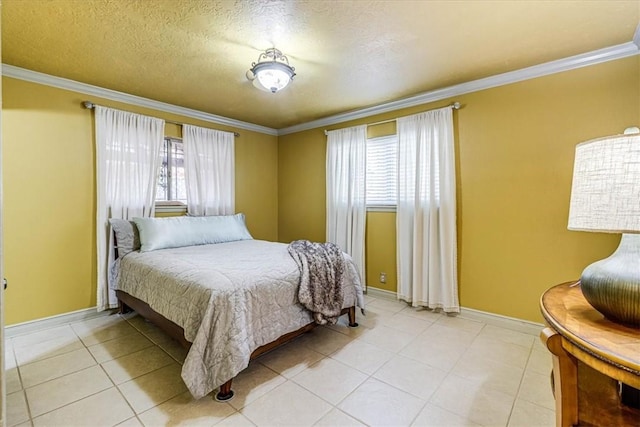 bedroom featuring light tile patterned flooring, ornamental molding, multiple windows, and a textured ceiling