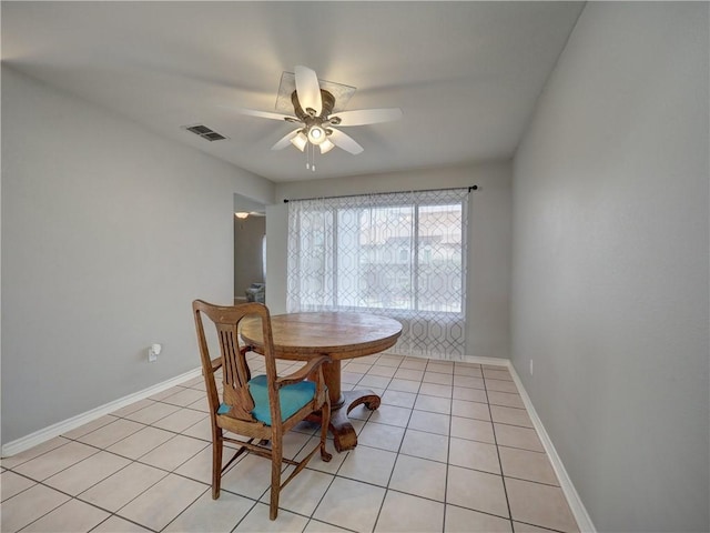 dining room with baseboards, ceiling fan, visible vents, and light tile patterned floors