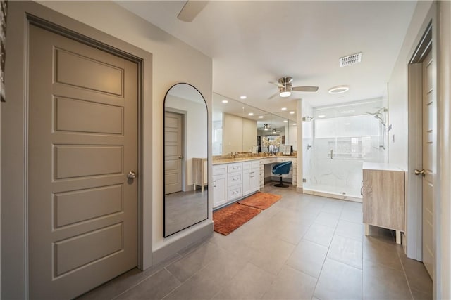 bathroom featuring tile patterned floors, visible vents, a ceiling fan, a shower stall, and vanity
