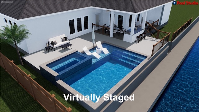 108 Bay Harbor Dr, Aransas Pass, TX 78336 - view of swimming pool featuring outdoor lounge area, a patio, a pool with connected hot tub, and a fenced backyard