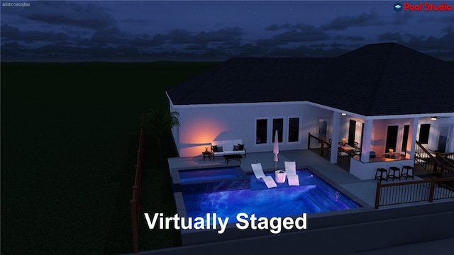 108 Bay Harbor Dr, Aransas Pass, TX 78336 - pool at twilight with a patio area, an outdoor hangout area, and a pool with connected hot tub