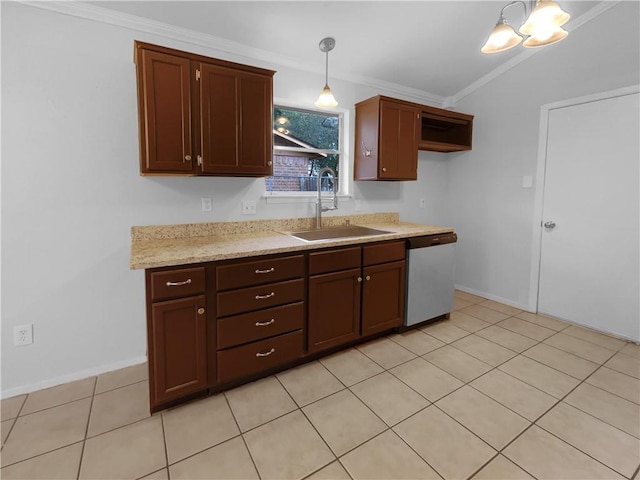 kitchen with dishwasher, pendant lighting, light tile patterned floors, ornamental molding, and sink