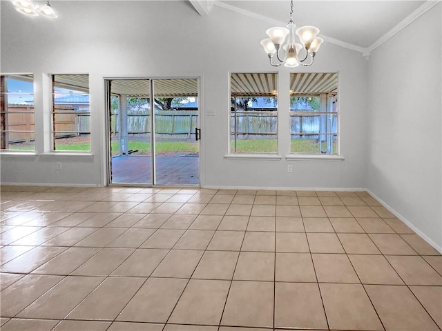 tiled spare room with ornamental molding, lofted ceiling with beams, and a chandelier