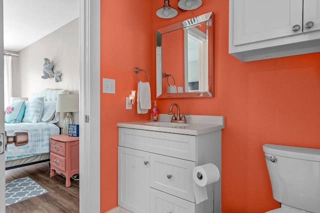 bathroom featuring toilet, vanity, and wood-type flooring