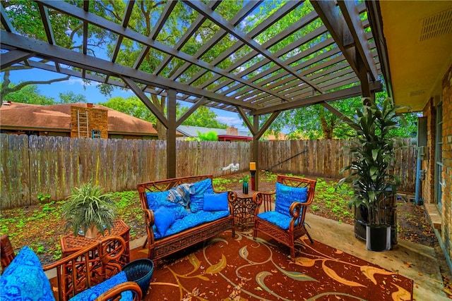 view of patio / terrace with outdoor lounge area and a pergola