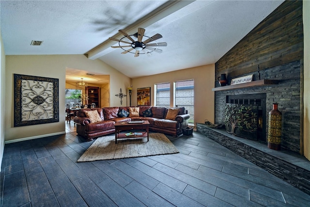 5213 Inverness Dr, Corpus Christi, TX 78413 - living area with dark wood-style floors, a ceiling fan, a chandelier, healthy amount of natural light, and a textured ceiling