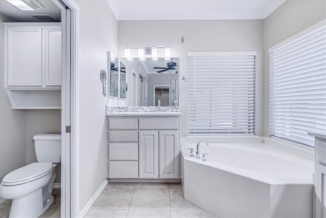 bathroom with ceiling fan, a bath, tile patterned floors, toilet, and vanity