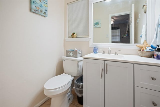 bathroom featuring toilet, tile patterned flooring, and vanity