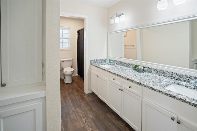 bathroom featuring toilet, double vanity, a sink, and wood finished floors