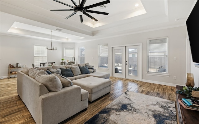 living room with french doors, dark hardwood / wood-style flooring, a raised ceiling, and a wealth of natural light