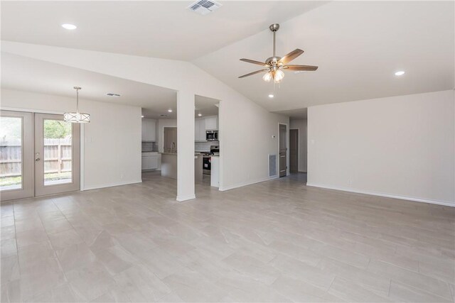 2325 Roseland Dr, Corpus Christi, TX 78414 - unfurnished living room featuring lofted ceiling, visible vents, a ceiling fan, and baseboards