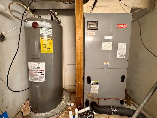 utility room featuring electric water heater and heating unit