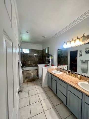 bathroom featuring ornamental molding, tile patterned flooring, vanity, and plus walk in shower