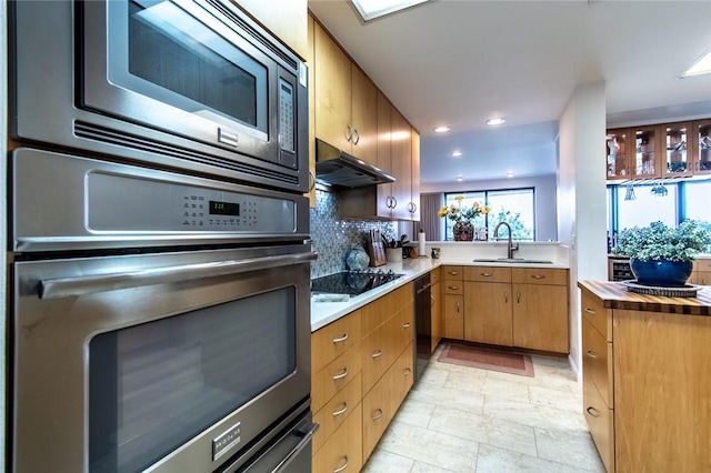 kitchen with recessed lighting, under cabinet range hood, a sink, black appliances, and tasteful backsplash