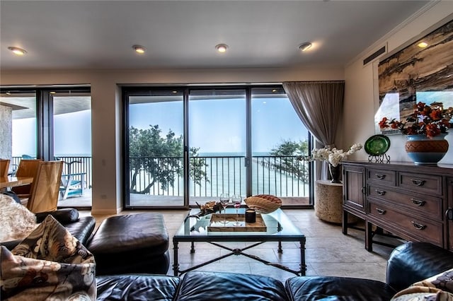 living area featuring ornamental molding and visible vents