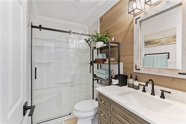 15209 Dasmarinas Dr, Corpus Christi, TX 78418 - full bathroom with a shower stall, wooden walls, crown molding, and vanity