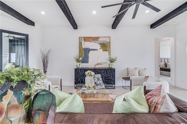 living room featuring beam ceiling