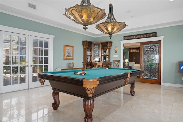 rec room featuring pool table, a wealth of natural light, french doors, and crown molding