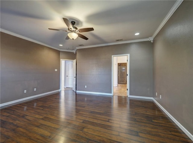 empty room with ceiling fan, crown molding, and dark wood-type flooring