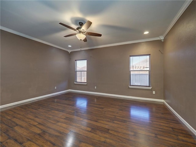 unfurnished room featuring ceiling fan, dark wood-type flooring, and ornamental molding