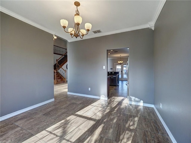 unfurnished dining area with crown molding and an inviting chandelier