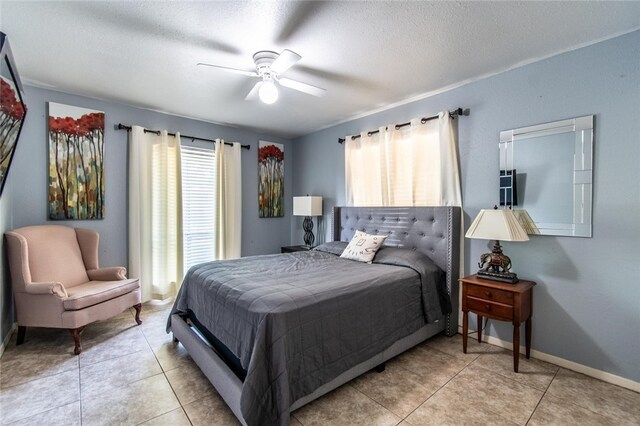 4009 Rooney Dr, Corpus Christi, TX 78413 - tiled bedroom with baseboards, a textured ceiling, and ceiling fan