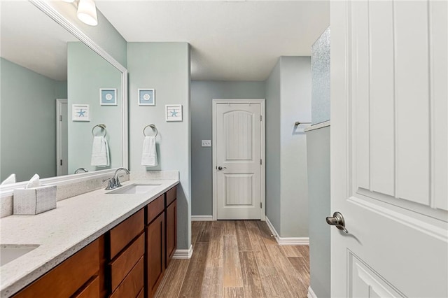 bathroom with a sink, baseboards, wood finished floors, and double vanity