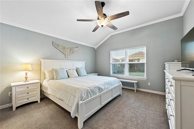 bedroom with ornamental molding, carpet flooring, baseboards, ceiling fan, and vaulted ceiling