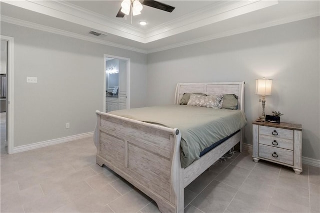 1501 Days End Dr, Corpus Christi, TX 78417 - bedroom with ornamental molding, a raised ceiling, ceiling fan, ensuite bathroom, and light tile patterned floors