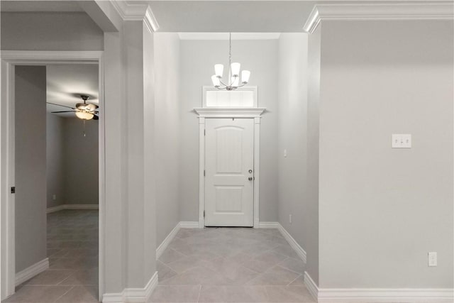 1501 Days End Dr, Corpus Christi, TX 78417 - entryway featuring a chandelier, light tile patterned floors, a ceiling fan, and crown molding