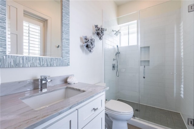 full bathroom featuring vanity, toilet, a shower stall, and a healthy amount of sunlight