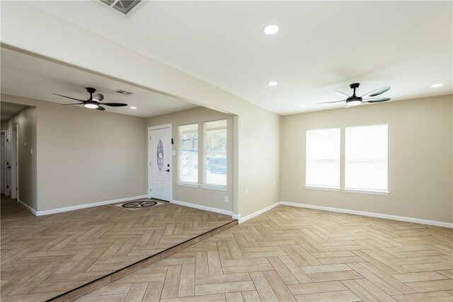 entryway featuring recessed lighting, baseboards, visible vents, and ceiling fan