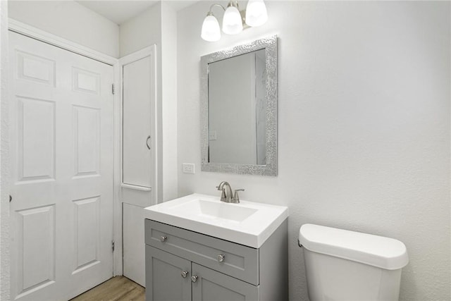 bathroom with vanity, toilet, and wood-type flooring