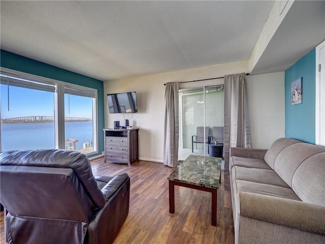 living room featuring wood finished floors and baseboards