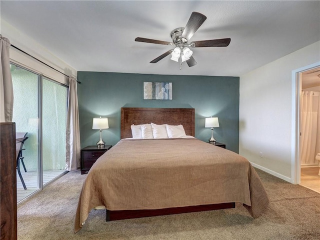 bedroom featuring a ceiling fan, access to outside, carpet flooring, and baseboards