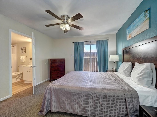 bedroom featuring a ceiling fan, baseboards, carpet flooring, and ensuite bathroom