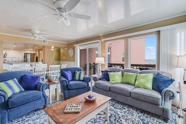 living room featuring ceiling fan