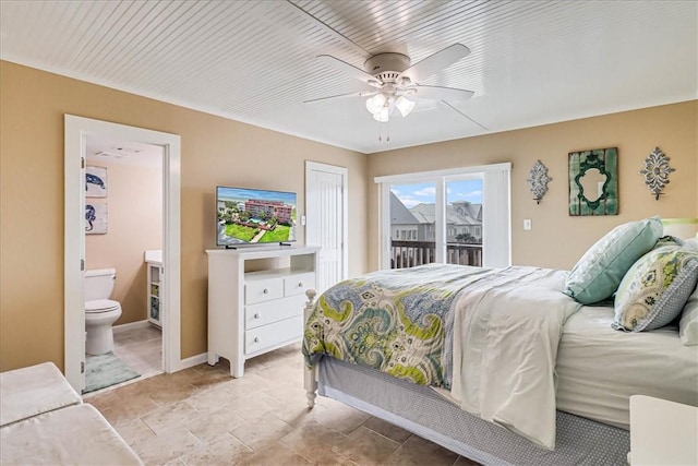 bedroom featuring ensuite bath, access to outside, and ceiling fan