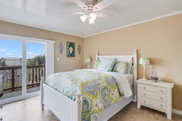 bedroom featuring ceiling fan, light tile patterned floors, and access to outside