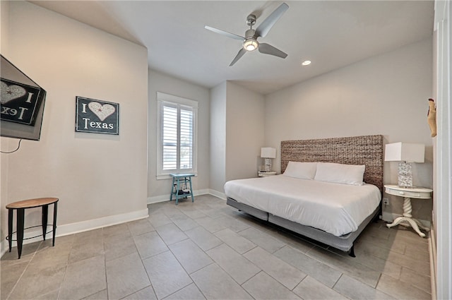 bedroom featuring ceiling fan and light tile patterned floors