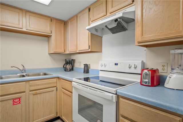 kitchen with sink, light brown cabinets, and white range with electric cooktop