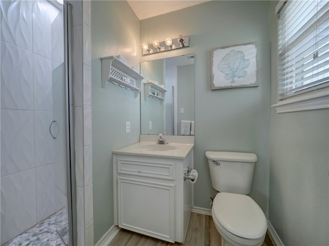 bathroom featuring toilet, vanity, wood-type flooring, and a shower with door