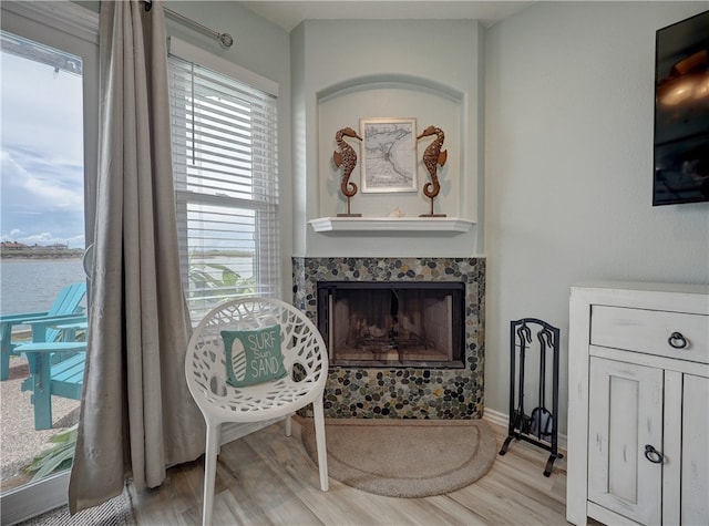 living area with light hardwood / wood-style flooring, a water view, and a tile fireplace