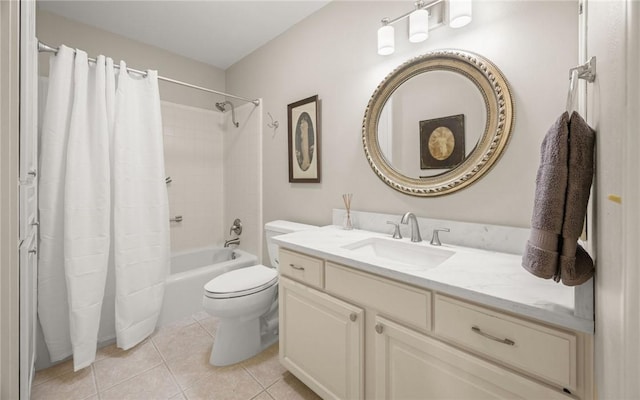 full bathroom featuring shower / bath combination with curtain, tile patterned floors, vanity, and toilet