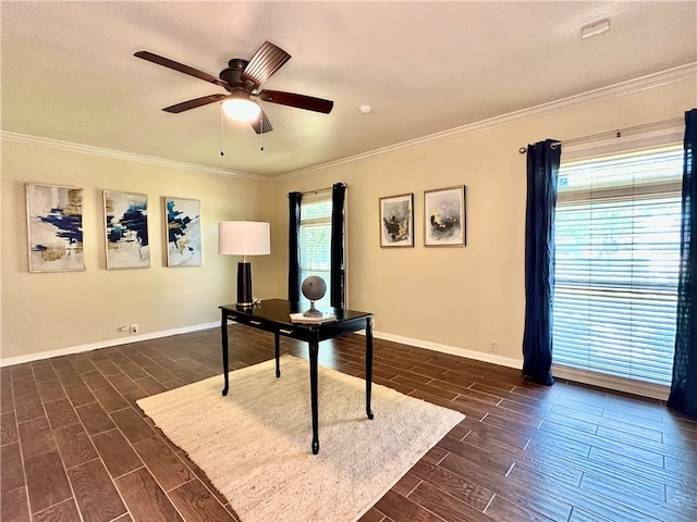 office with ornamental molding, a wealth of natural light, ceiling fan, and dark hardwood / wood-style flooring