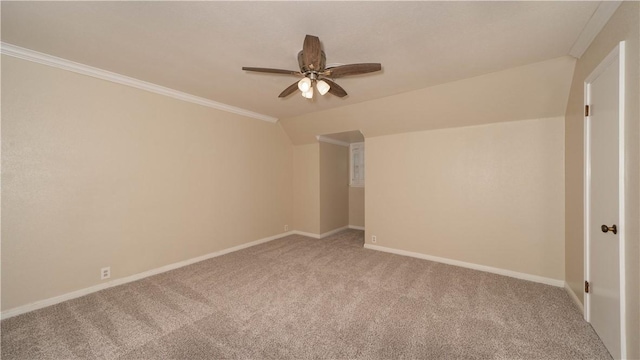 110 Amistad St, Corpus Christi, TX 78404 - carpeted spare room featuring a ceiling fan, baseboards, lofted ceiling, and crown molding