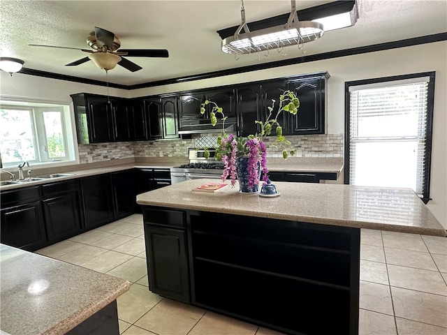 kitchen featuring ornamental molding, a wealth of natural light, sink, and stainless steel stove