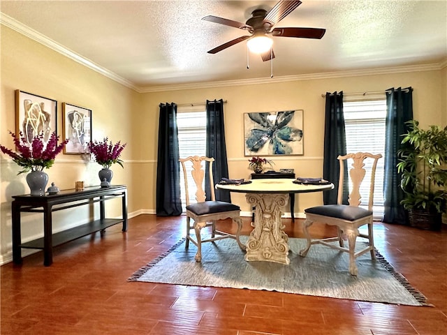 dining space featuring ceiling fan, dark hardwood / wood-style floors, a textured ceiling, and ornamental molding