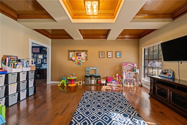 rec room featuring coffered ceiling, crown molding, and dark wood-type flooring