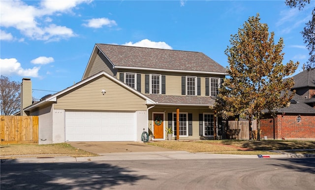 view of front facade featuring a porch and a garage